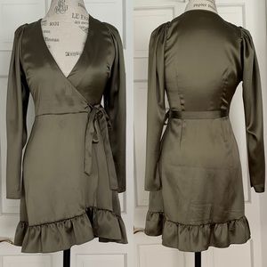 ASOS Green Khaki Satin Mini Wrap Dress